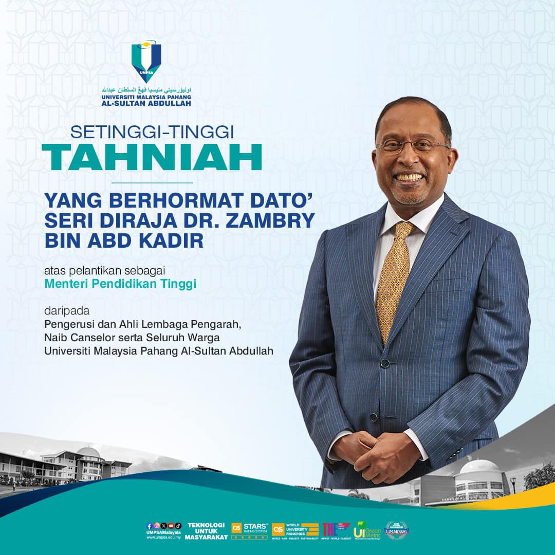 Setinggi-tinggi Tahniah kepada YB Dato' Seri Diraja Dr. Zambry Abdul Kadir atas pelantikan sebagai Menteri Pendidikan Tinggi.